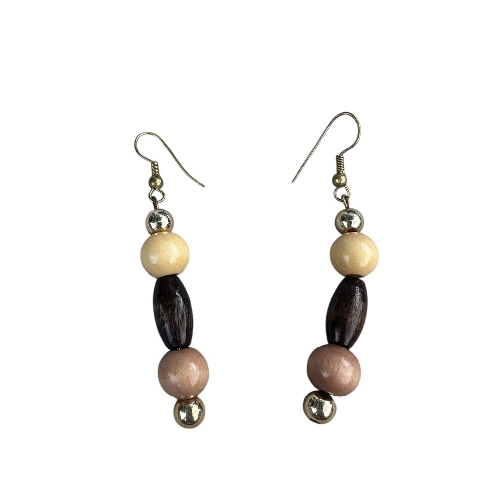Handmade Boho Style Neutral Wooden and Gold Beaded Drop Earrings